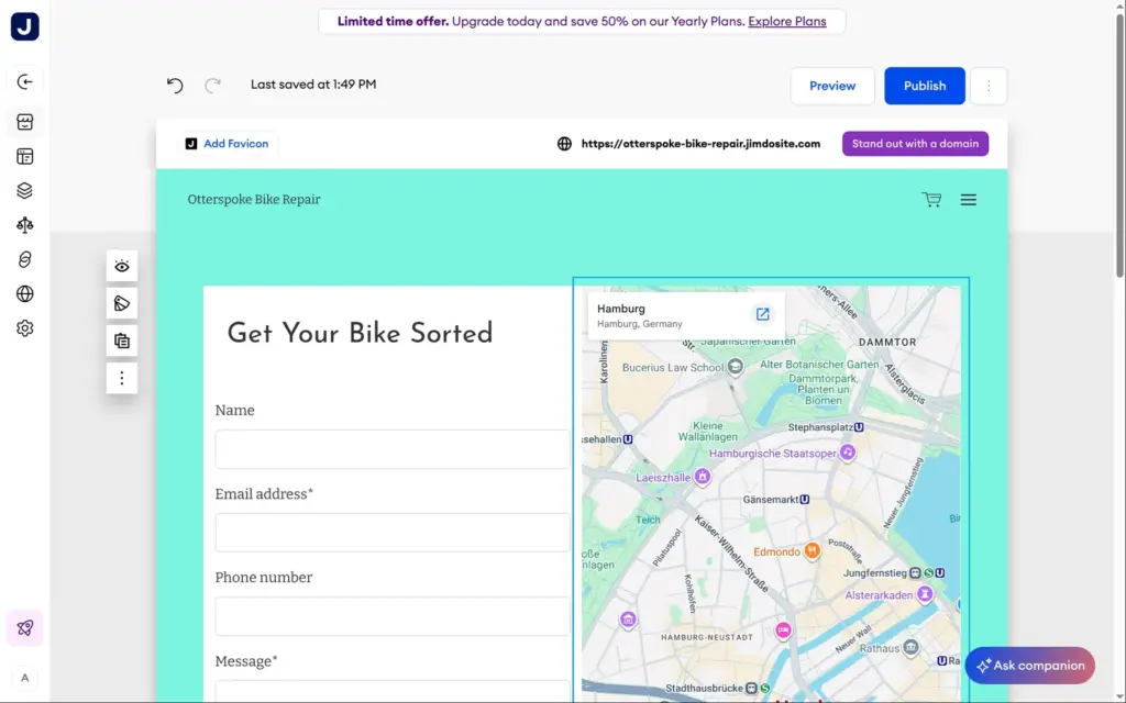 The generated contact page with a map of Hamburg