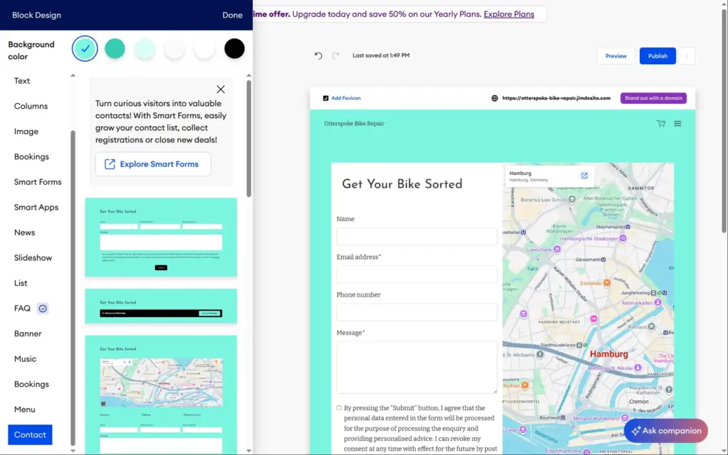 Choosing a different layout for the contact section in Jimdo