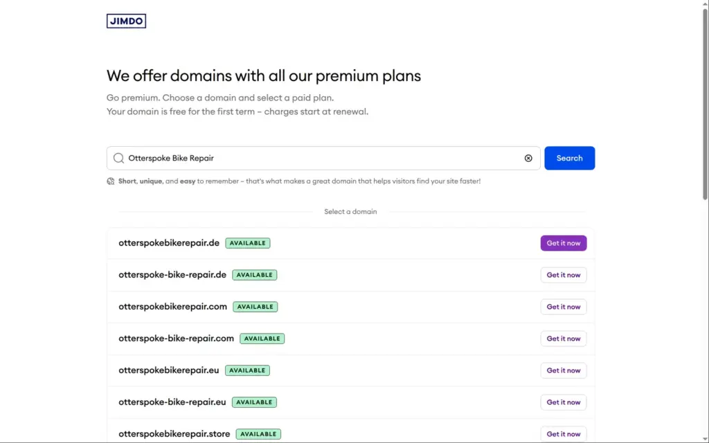Jimdo's offer of a custom domain before the editor opens