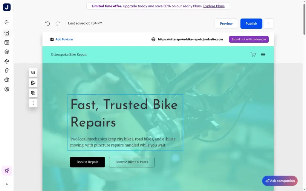The Jimdo editor with the generated home page in mint green