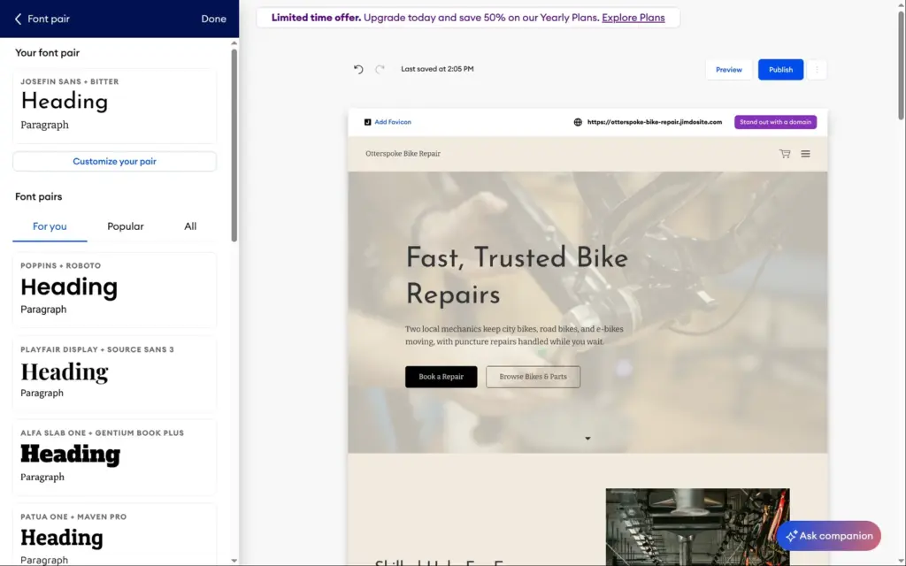 Font pairs in Jimdo's design settings