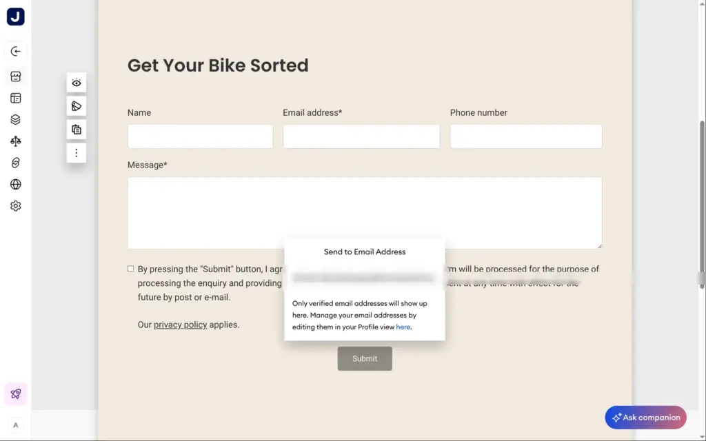 The recipient setting of the Jimdo contact form, with the address blurred