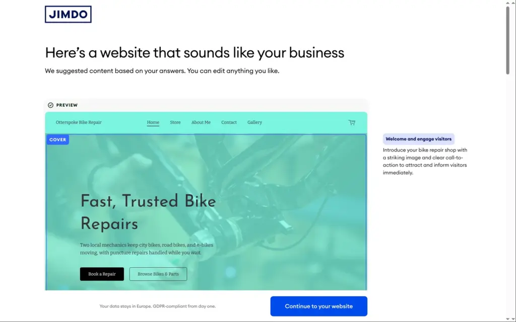 The first version Jimdo generated for the bike repair shop