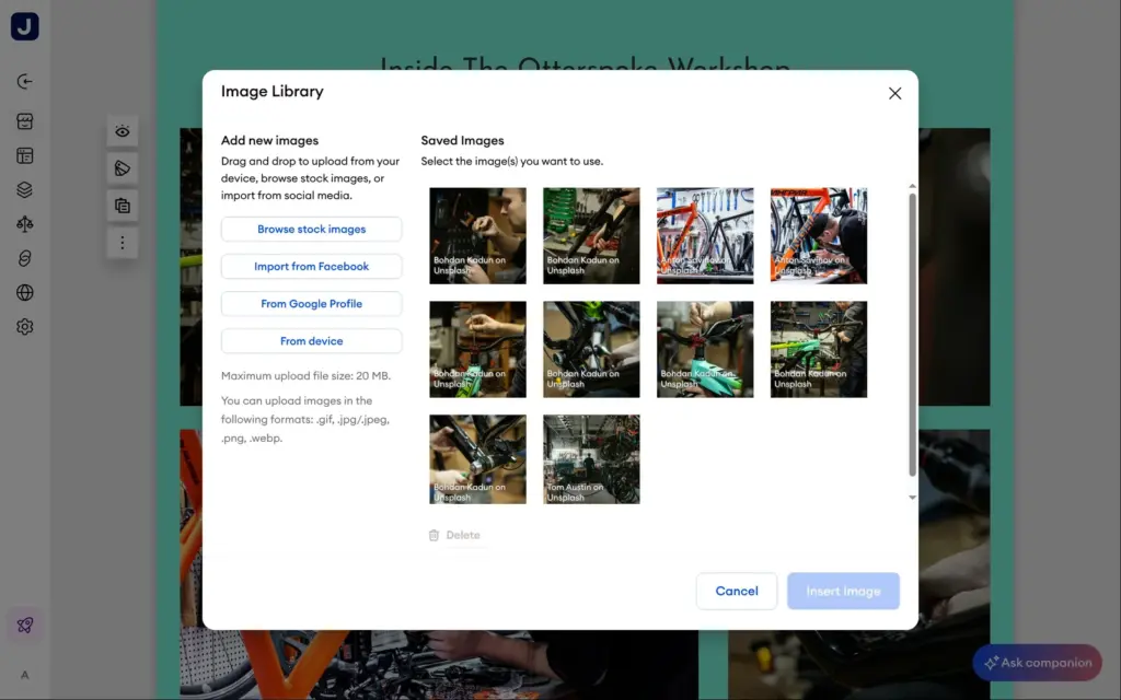 Jimdo's image library with upload, Facebook, Google profile and stock photos