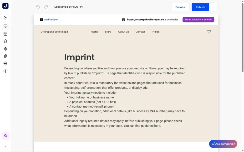 The imprint placeholder page in Jimdo