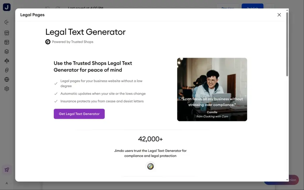 Jimdo's legal text generator from Trusted Shops