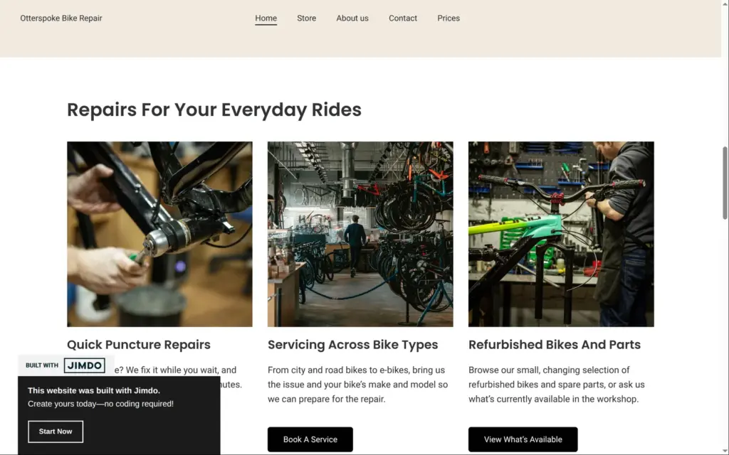 The Built with Jimdo badge over a button on the published site
