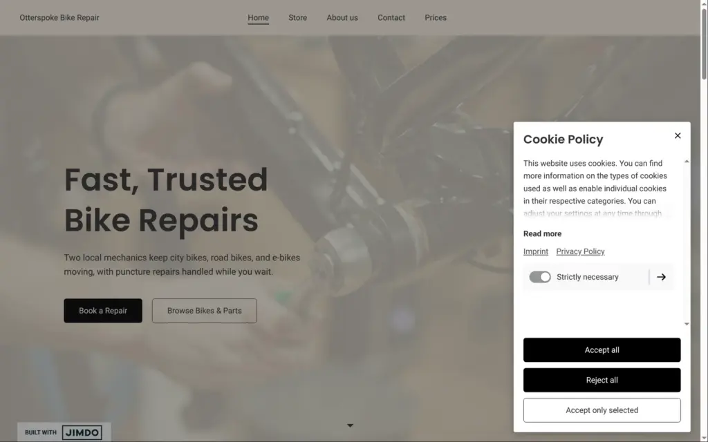 The cookie banner on the published Jimdo site with Accept all and Reject all