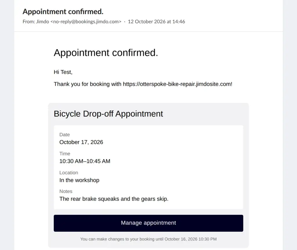 The customer's booking confirmation email from Jimdo