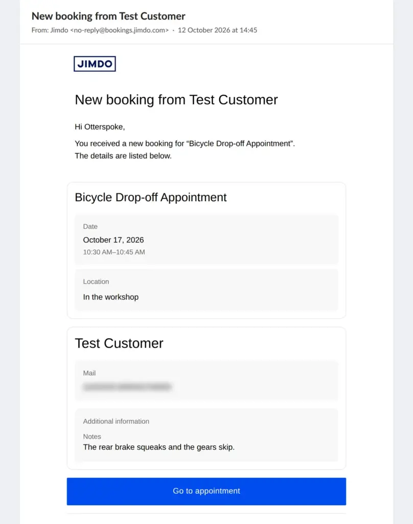 The shop's new booking email from Jimdo, customer address blurred