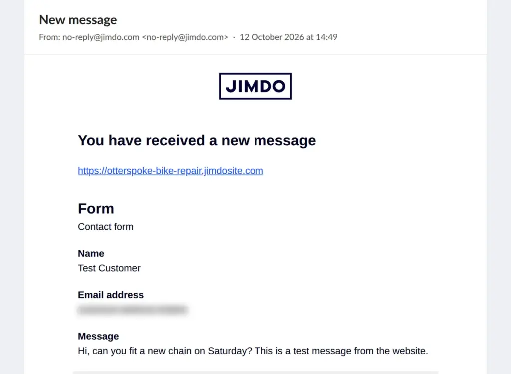 The email Jimdo sent for the test message, customer address blurred