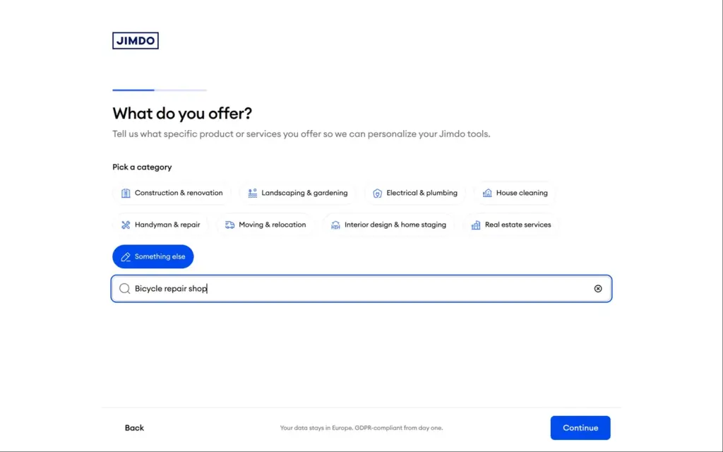 Searching Jimdo's business categories for a bicycle repair shop