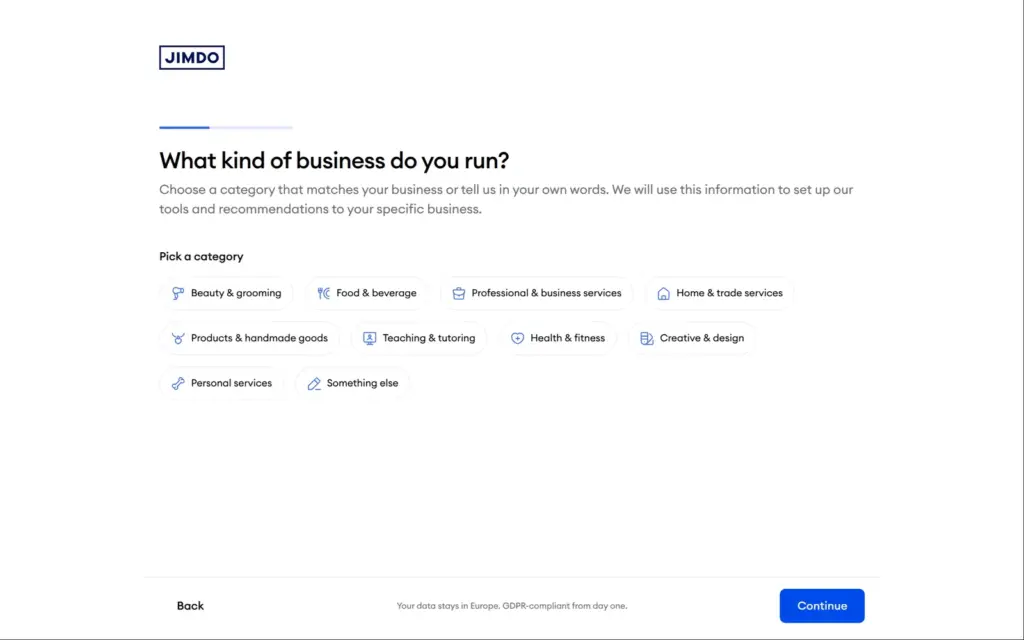 Jimdo asks what kind of business you run, with ten groups