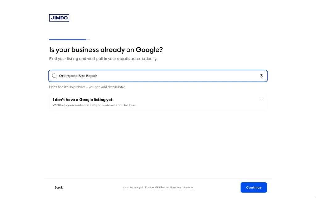 Jimdo offers to copy details from a Google business listing