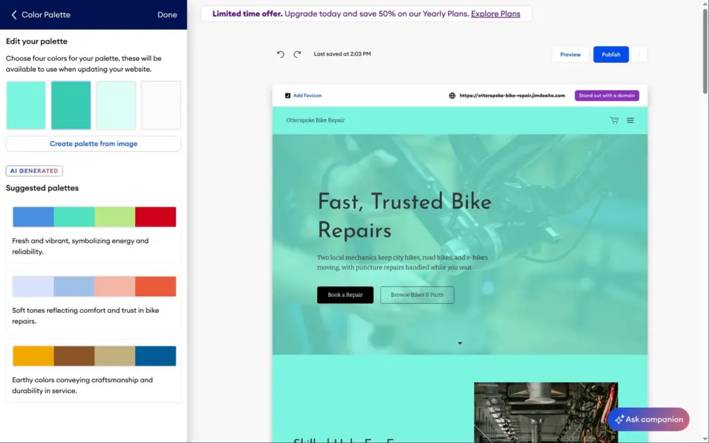 Color palettes suggested by Jimdo's AI for a bike repair shop