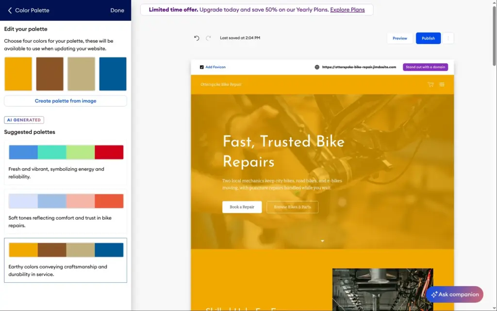 The site after applying a suggested palette, with white text on yellow