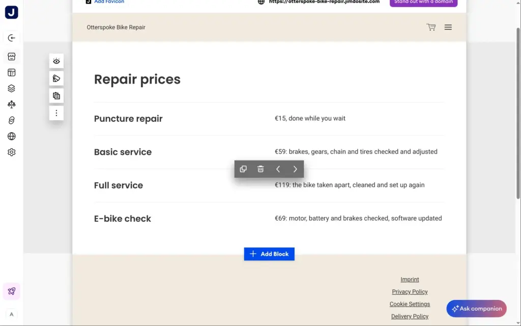 The repair price list built from the menu block