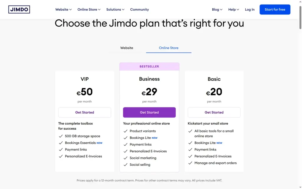 Jimdo's online store plans on the pricing page