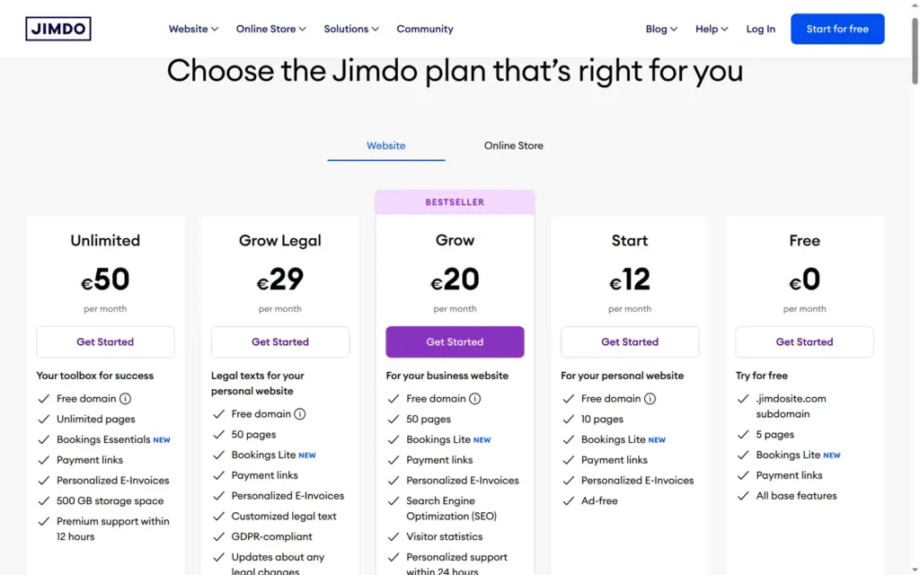 Jimdo's website plans on the pricing page, in euros