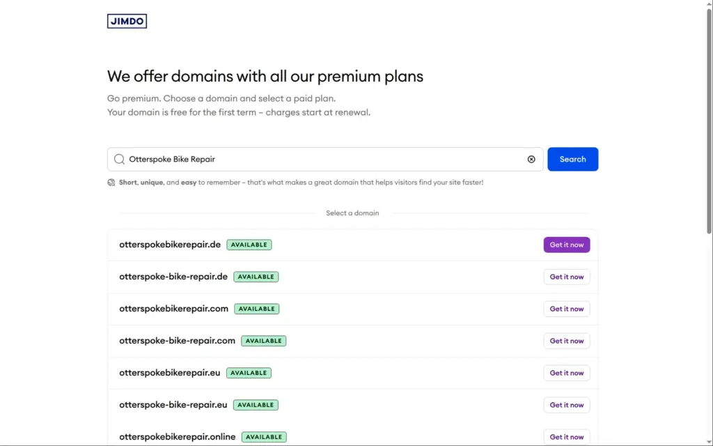 Domain search with paid plans, opened from the editor