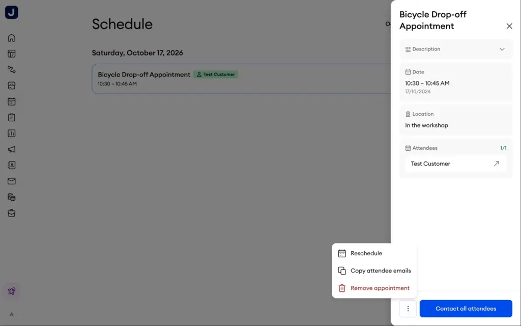 The booking in the owner's schedule with reschedule and remove options