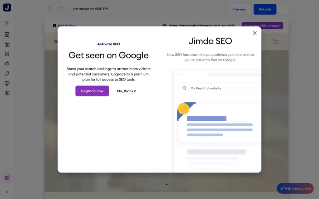 Jimdo's SEO settings require a paid plan