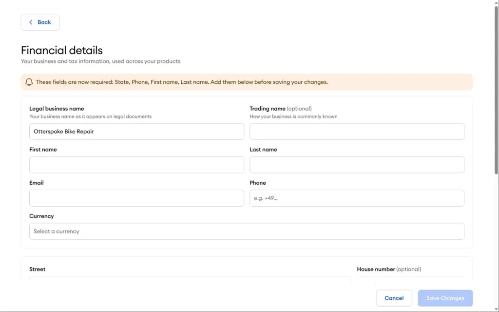 The business profile form used by the store, bookings and invoices