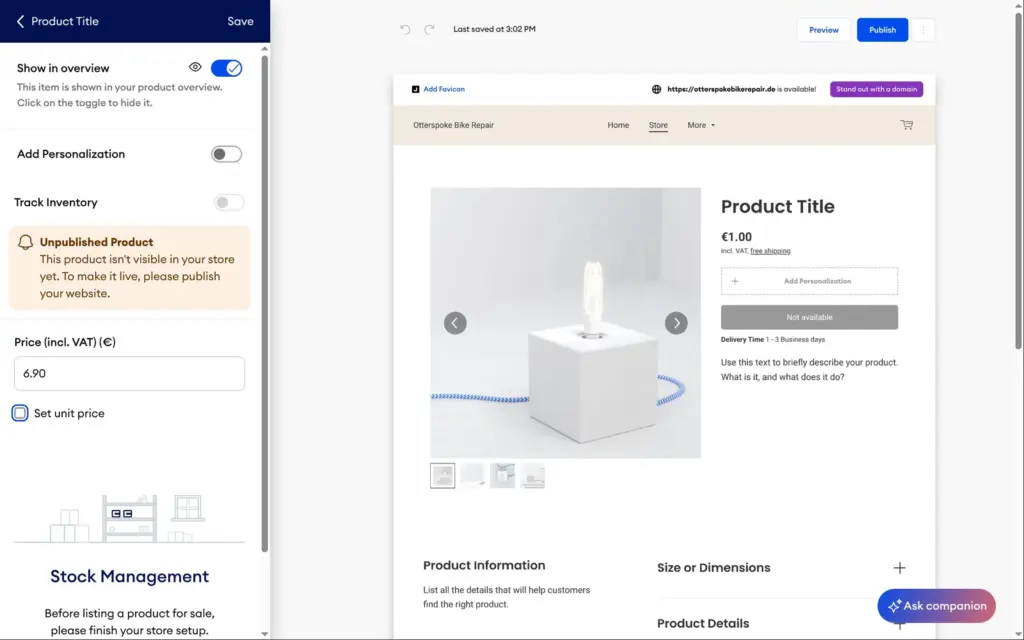 Product settings in the Jimdo editor with price and disabled stock tracking