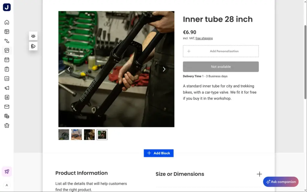 The inner tube product page in the editor, marked Not available