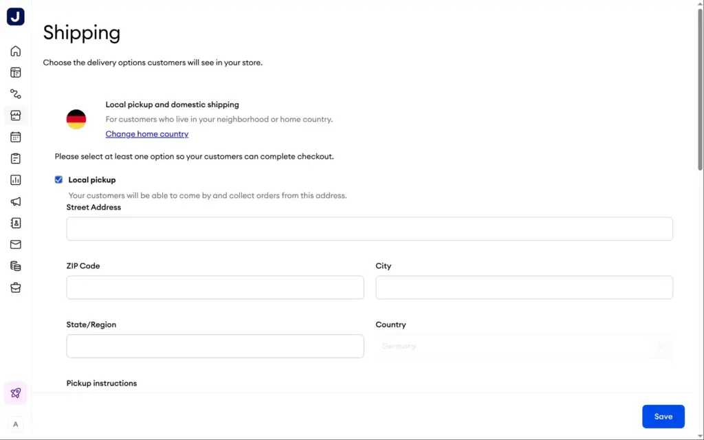 Jimdo shipping settings with local pickup and domestic shipping