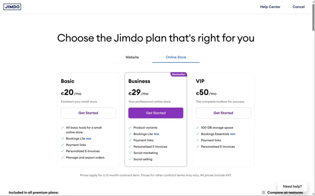 Jimdo's online store plans Basic, Business and VIP