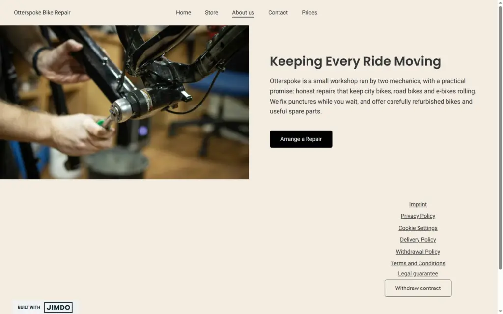 About page of the bike repair demo site, on a computer