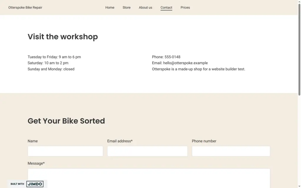 Contact page with opening hours and the contact form, on a computer