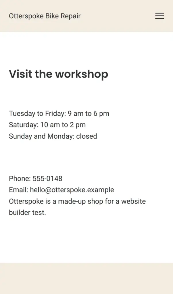 Contact page with opening hours on a phone
