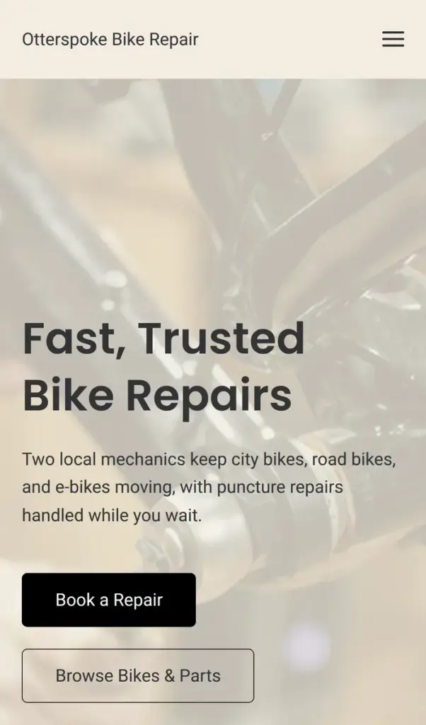 Home page of the bike repair demo site on a phone
