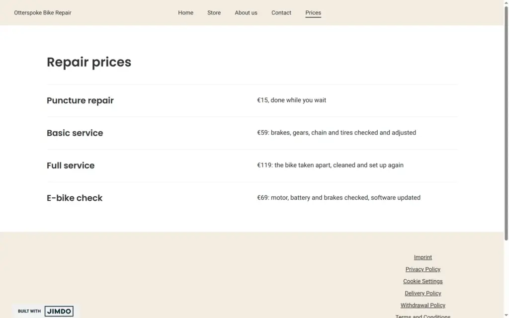 Price list page with four repairs on the demo site, on a computer