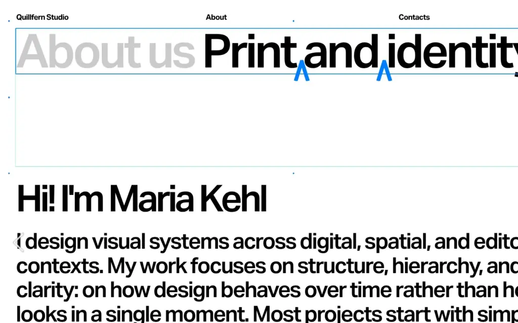 About page heading in the editor with the black words selected
