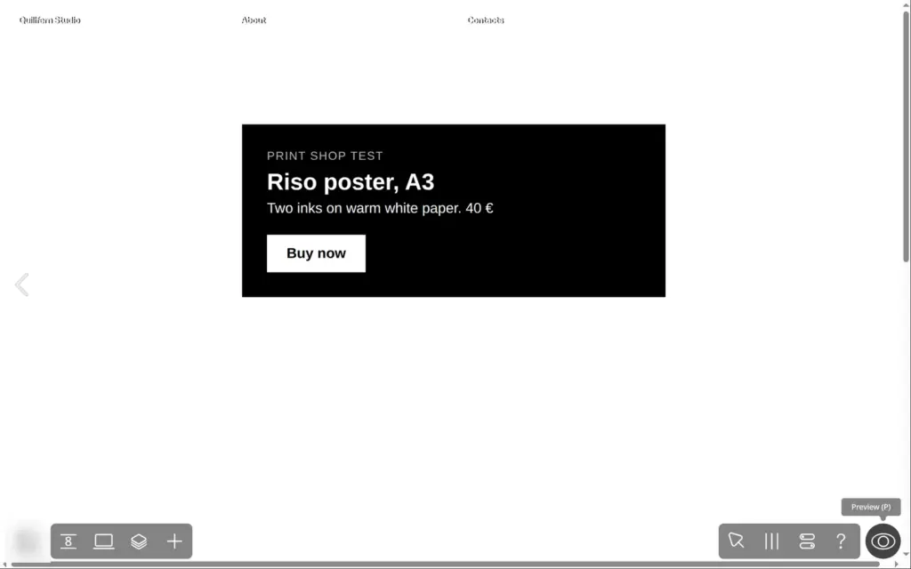Preview of a black poster card with the title Riso poster, A3 and a Buy now button