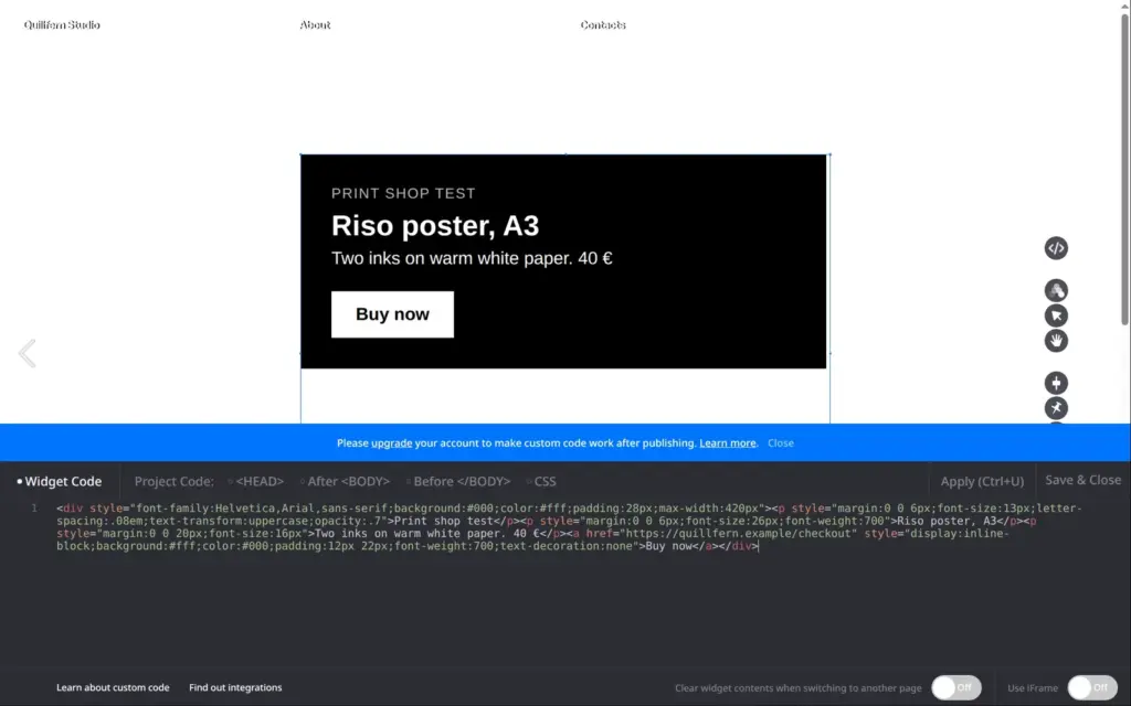 Code editor with HTML for a poster card and a Buy now button