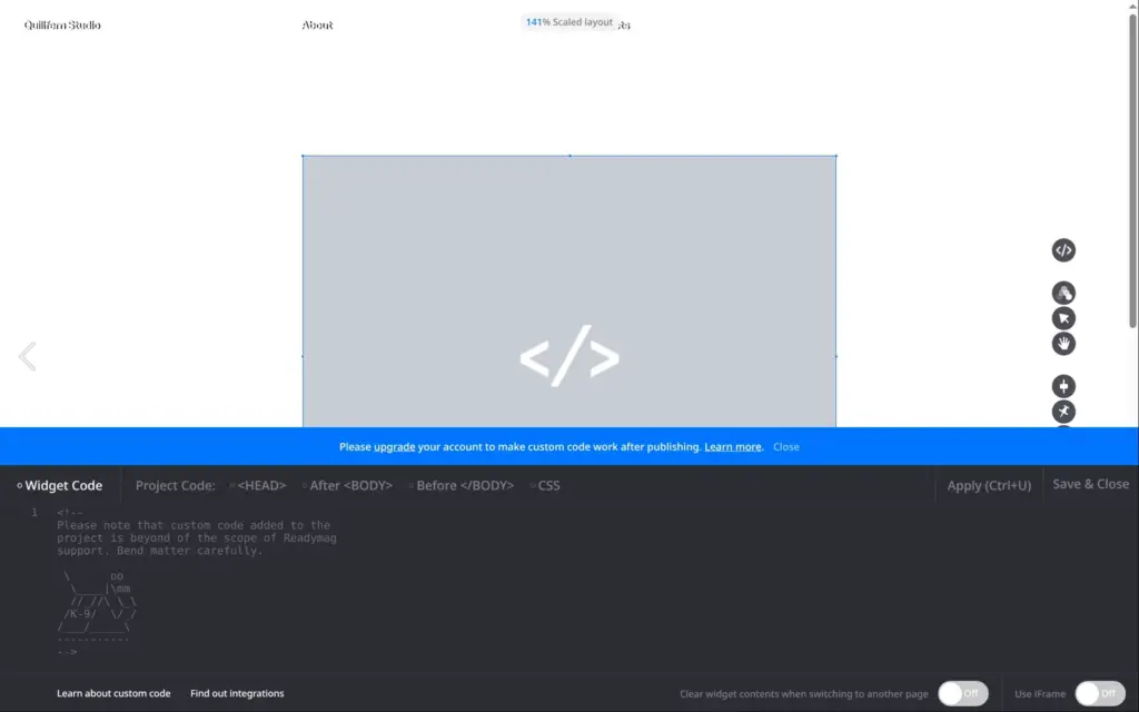 Code widget in the editor with a blue bar saying to upgrade to make custom code work after publishing