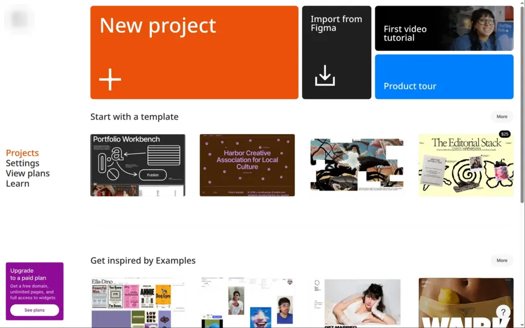 Readymag dashboard with a New project button, templates and a purple upgrade box