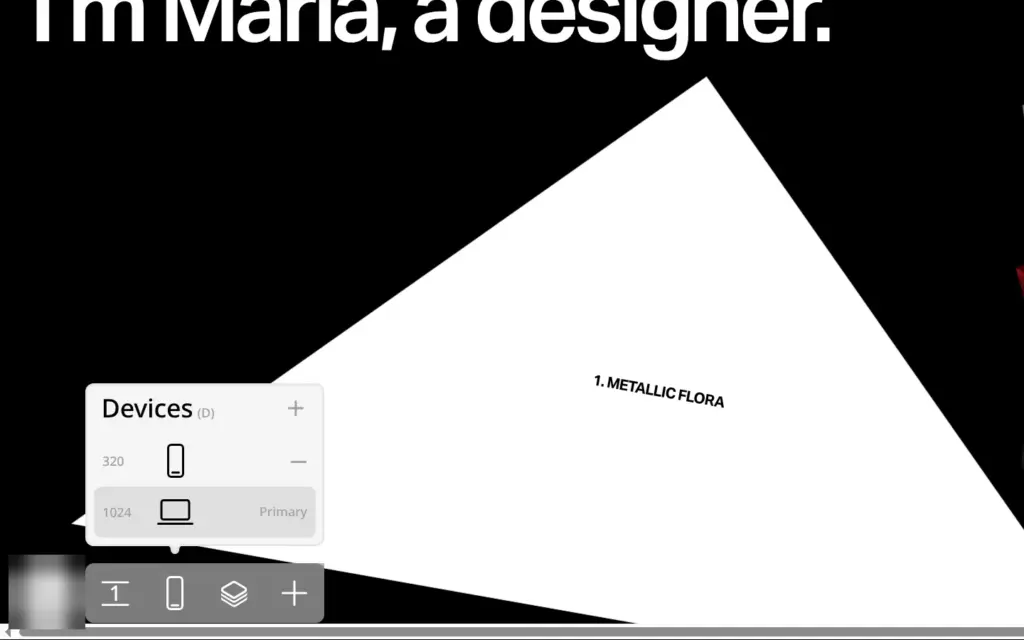 Devices panel in the Readymag editor with a phone layout of 320 pixels and a desktop layout of 1024 pixels