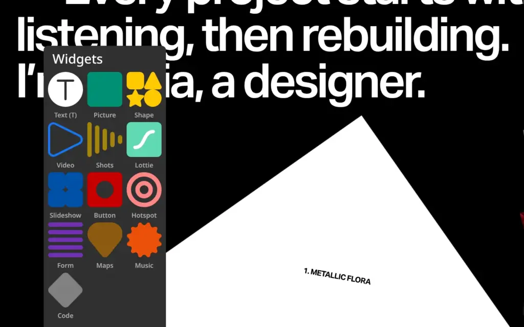 Readymag editor with the widget menu open, showing Text, Picture, Form, Code and other widgets