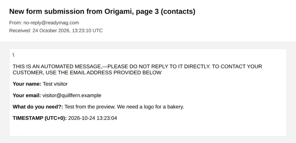 Form email from no-reply@readymag.com with the answers listed under the field hint texts