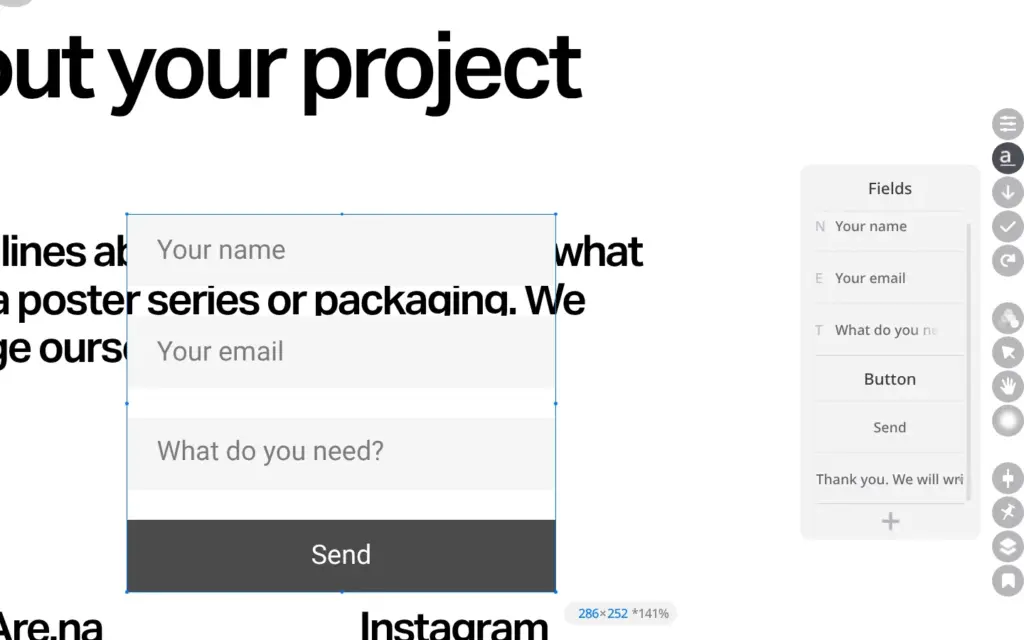 Form settings listing the fields Your name, Your email and What do you need, the button and the thank-you text