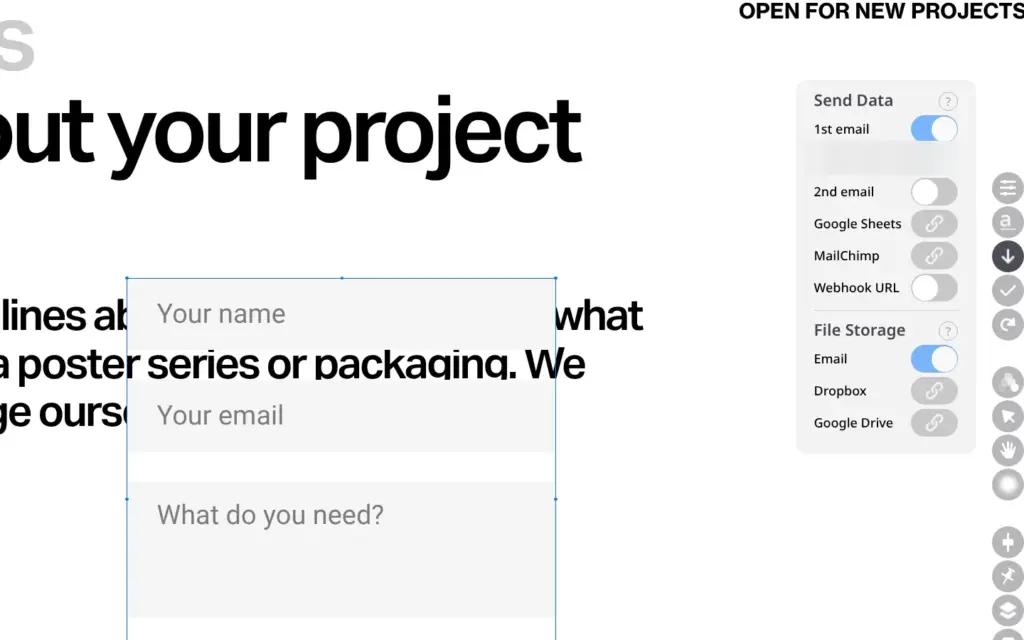 Send Data panel with switches for a first and second email, Google Sheets, Mailchimp and a webhook
