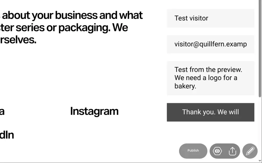 Form preview with test answers and the button text Thank you. We will cut off