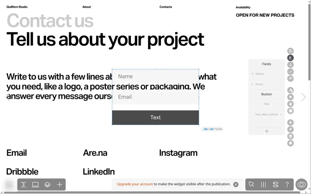 Contact page in the editor with a new form and the notice Upgrade your account to make the widget visible after the publication