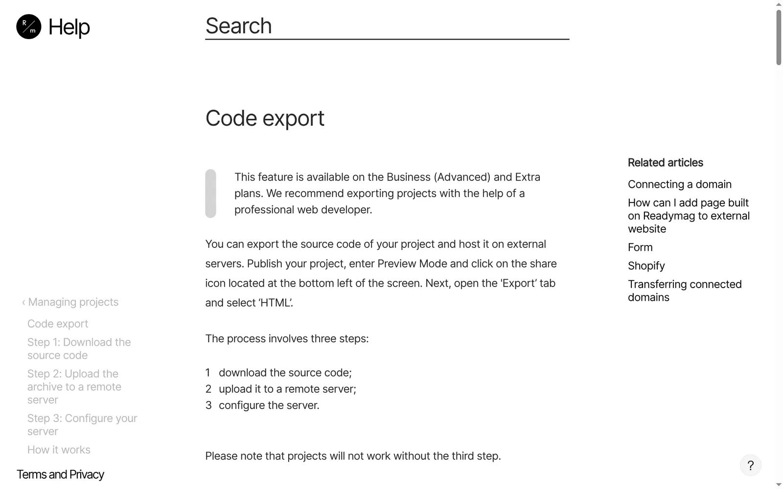 Readymag help article Code export saying the feature is available on the Advanced and Extra plans
