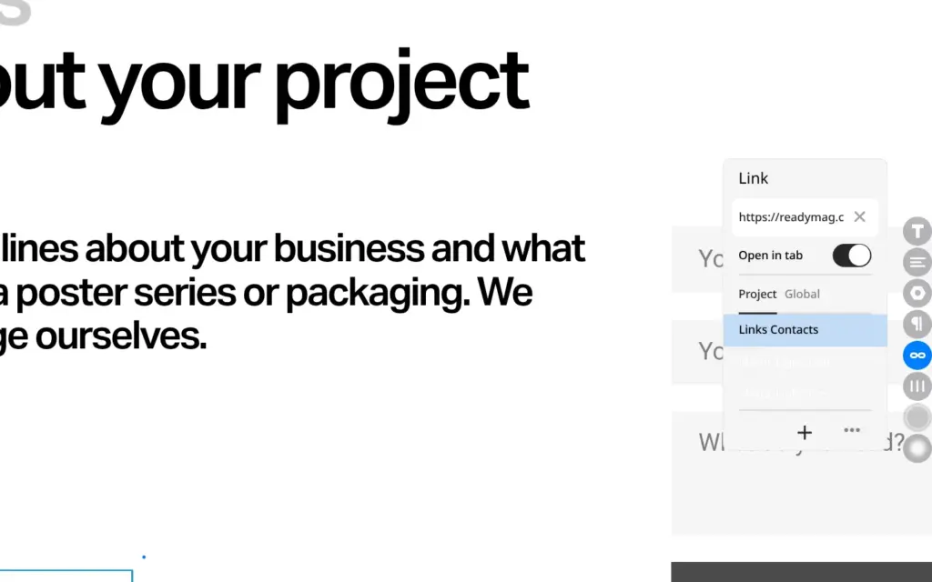 Link settings of the Email text showing a link to readymag.com